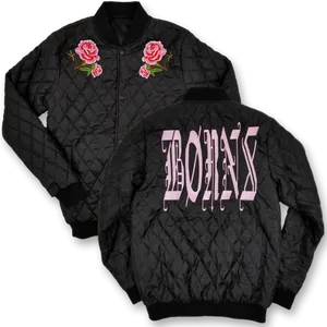 Black Quilted Jacketwith Rose Embroideryand Text Graphic PNG Image