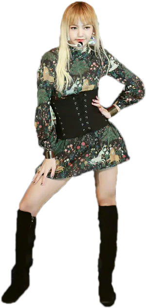 Blackpink Member Floral Dress Black Boots PNG Image