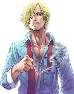 Blonde Anime Character Lighting Cigarette PNG Image