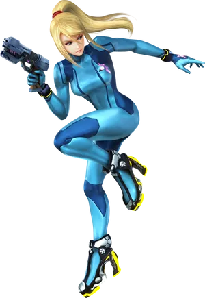 Blonde Anime Characterin Blue Bodysuit PNG