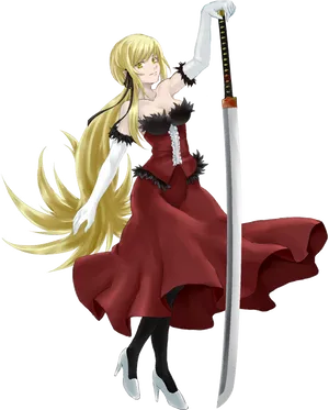 Blonde Anime Swordswomanin Red Dress PNG Image