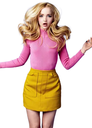 Blonde Woman Pink Sweater Yellow Skirt PNG Image