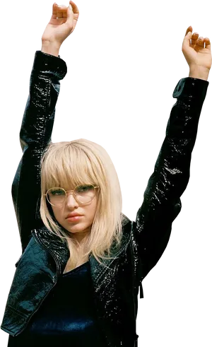 Blonde Woman Raising Arms Celebration PNG Image