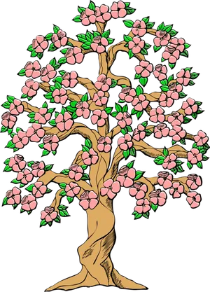 Blossoming Pink Flower Tree Illustration PNG Image