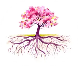 Blossoming Treewith Visible Roots Watercolor PNG Image