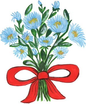 Blue Daisies Bouquetwith Red Bow PNG Image