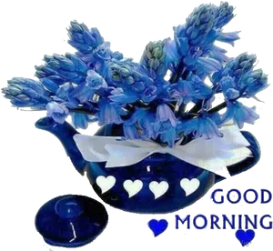 Blue Floral Teapot Good Morning PNG Image