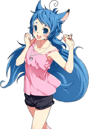 Blue Haired Anime Girlwith Fox Ears PNG Image