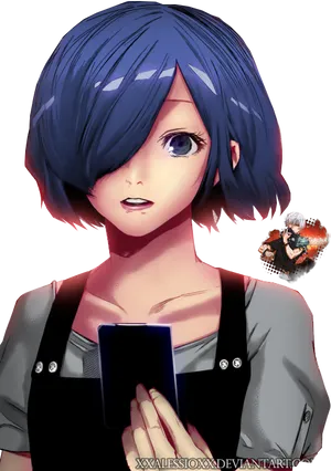 Blue Haired Anime Girlwith Phone PNG Image