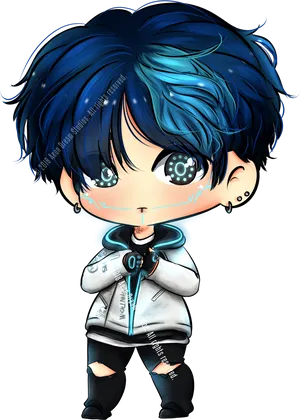 Blue Haired Chibi Character Illustration PNG Image