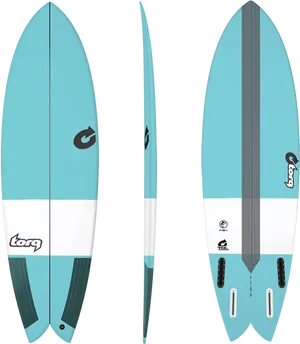 Blue Torq Surfboard Three Views PNG Image