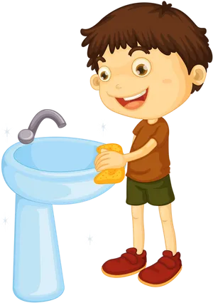 Boy Cleaning Bathroom Sink Illustration PNG Image