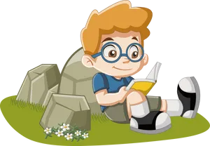 Boy Reading Book Outdoors PNG Image