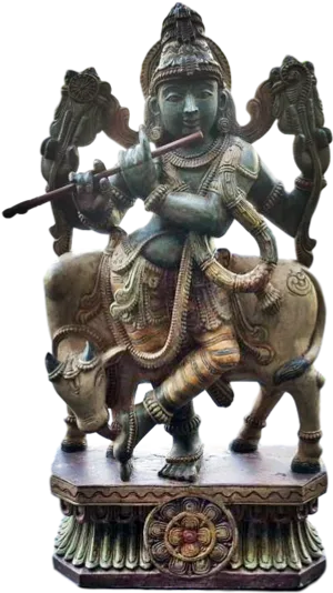 Bronze Krishna On Cow Statue PNG Image