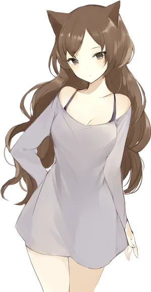 Brown Haired Anime Girlwith Cat Ears PNG Image