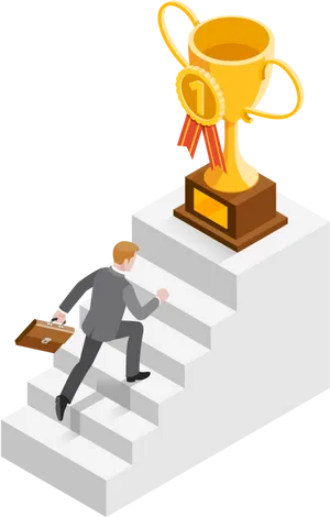 Businessman Climbing Stairs Towards Trophy PNG Image