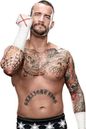 C M Punk Tattooed Wrestler Pose PNG Image