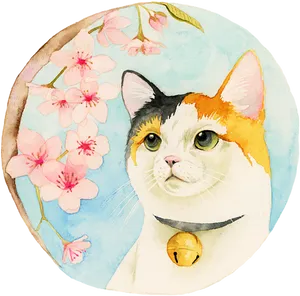 Calico Cat Cherry Blossoms Illustration PNG Image