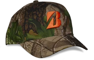 Camo Baseball Cap_ Orange Logo PNG Image