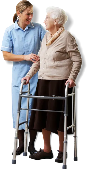 Caring Nurse Assisting Elderly Woman With Walker PNG Image