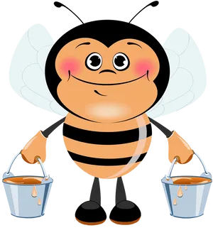 Cartoon Bee With Honey Buckets.png PNG Image