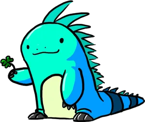 Cartoon Blue Iguana Holding Clover PNG Image