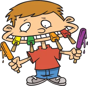 Cartoon Boy Multiple Popsicles PNG Image