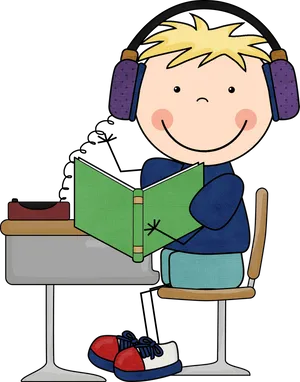 Cartoon Child Readingwith Headphones PNG Image