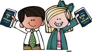 Cartoon Children Holding Bookof Mormon PNG Image