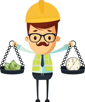 Cartoon Construction Worker Balancing Timeand Money PNG Image