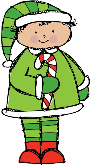 Cartoon Elf Holding Candy Cane PNG Image