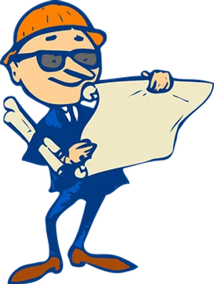 Cartoon Engineer Reviewing Blueprints PNG Image