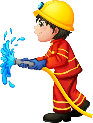 Cartoon Firefighter Spraying Water PNG Image