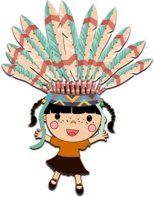 Cartoon Girl Wearing Native American Headdress PNG Image