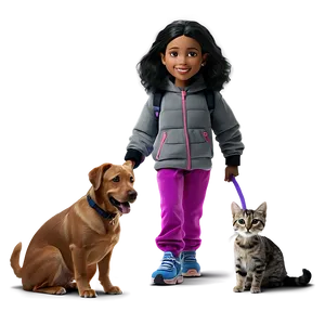 Cartoon Girl With Pets Png Pdn PNG Image