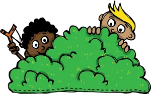 Cartoon Kids Hiding Behind Bush PNG Image