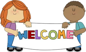 Cartoon Kids Holding Welcome Sign PNG