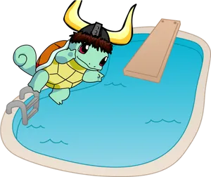 Cartoon Turtlein Viking Helmetat Poolside PNG