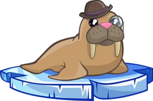 Cartoon Walruswith Haton Iceberg PNG Image