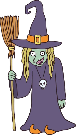 Cartoon Witchwith Broomand Skull Accessory PNG Image