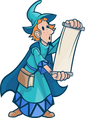 Cartoon Wizard Reading Scroll PNG Image