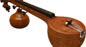 Carved Wood Sitar Instrument PNG Image