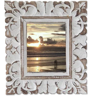 Carved Wooden Frame Sunset Beach View PNG Image