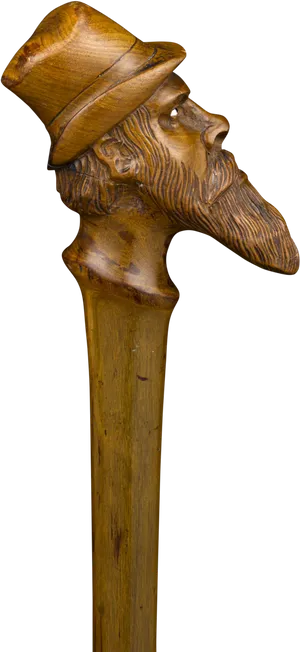 Carved Wooden Walking Stickwith Bearded Man Topper PNG Image