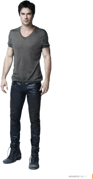 Casual Man Standing_ Grey Tshirt Black Jeans PNG Image