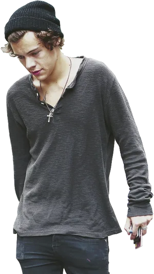 Casual Manin Beanieand Henley Shirt PNG Image