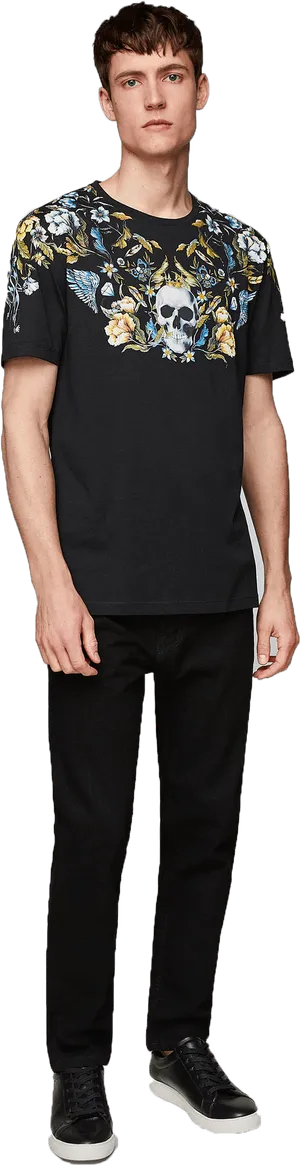 Casual Menswear Floral Skull Tee PNG Image