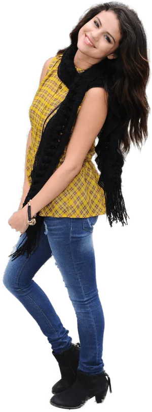 Casual Yellow Topand Jeans Outfit PNG Image