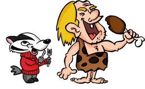 Caveman_and_ Badger_ Cartoon_ Sharing_ Meal.png PNG Image