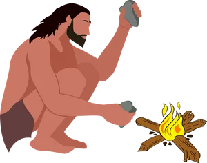 Caveman Creating Fire Vector PNG Image